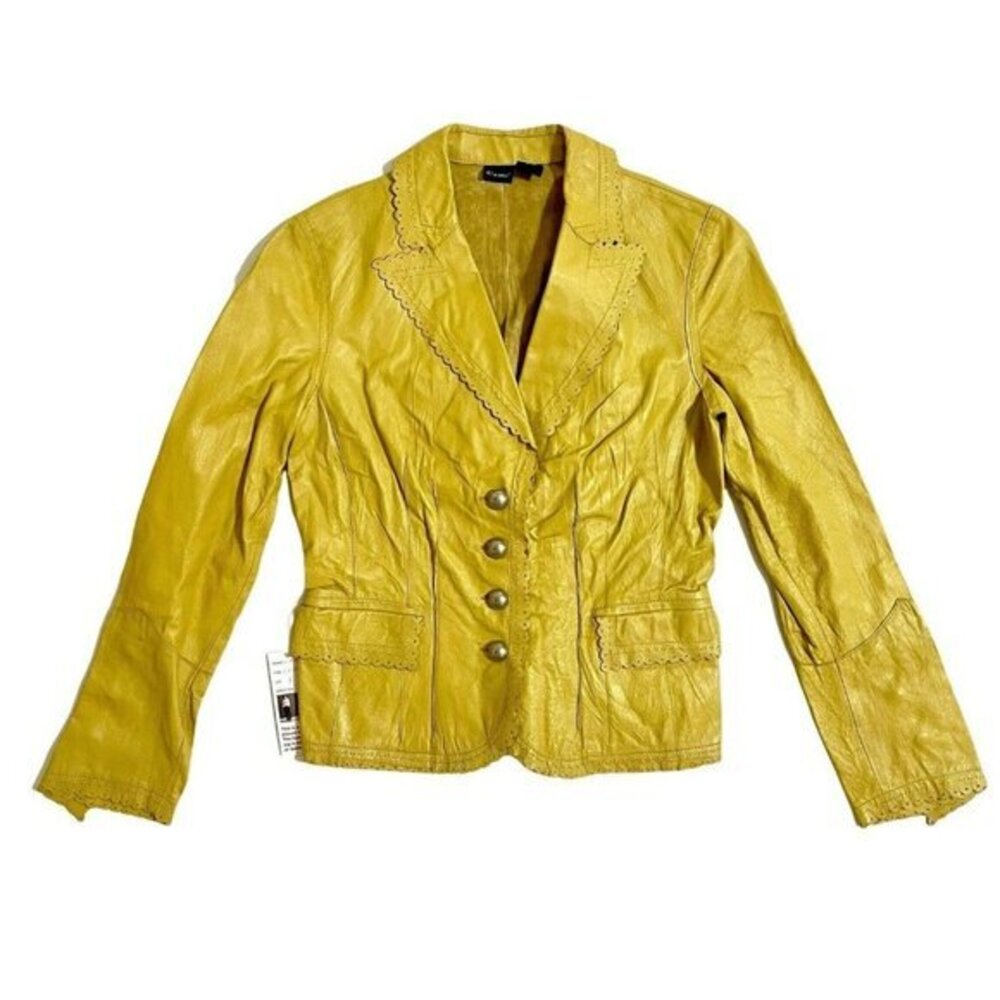 Cami 100% Leather Jacket Scallop Trim Mustard Yellow Crop Blazer Jacket SZ 6